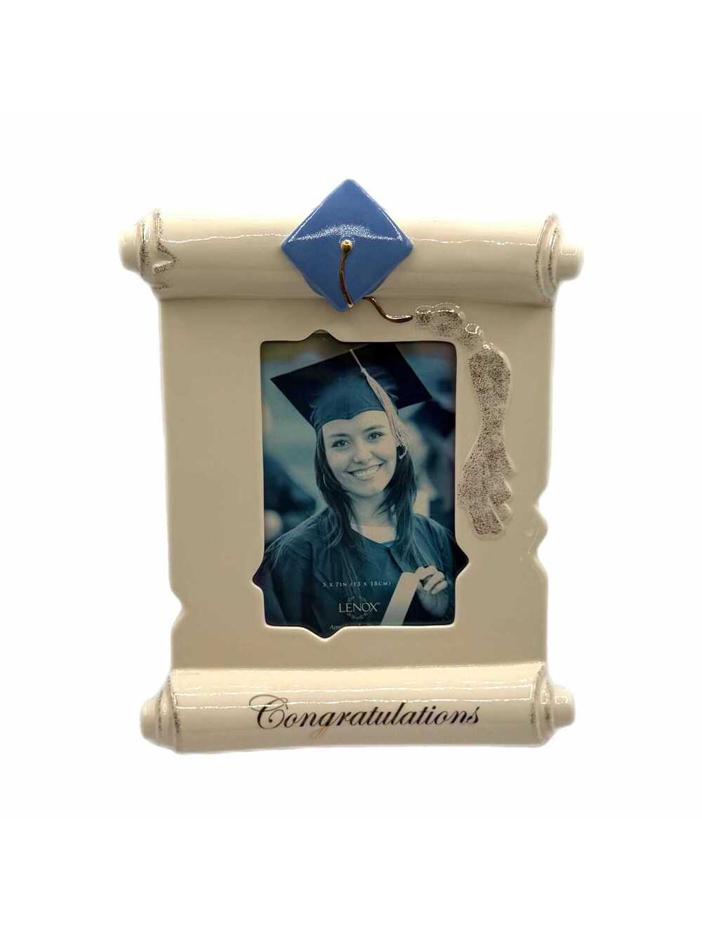 Vintage Lenox 12” Scroll & Blue Cap Graduation Ceramic Picture Frame – 5x7